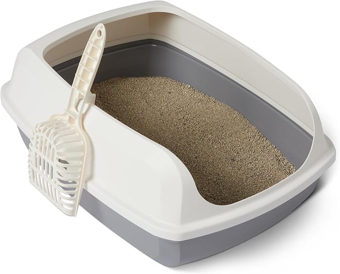 Amazon Basics Cat Litter Tray with High Walls Open Top Easy Clean Scoop Included White/Grey 50.5cm x 38cm x 20cm