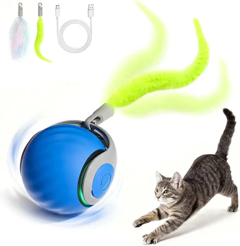 Interactive Ball Toy for Cats Electric Rechargeable Indoor Cat with Fluffy Tail Speedy Tail 2.0 Cat Automatic Rolling Ball for Cats Enrichment Ball – Blue