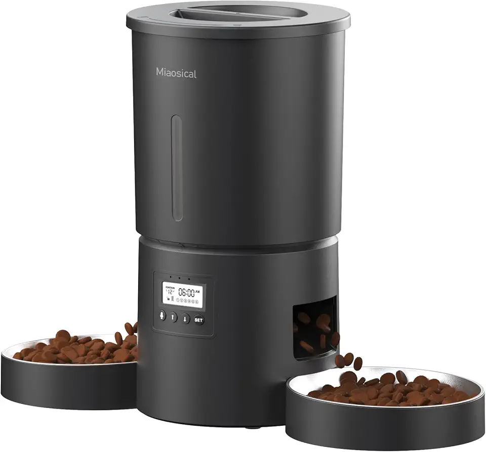 Miaosical Automatic Cat Food Dispenser with Double Bowl for 2 Cats Kittens and Small Dogs (Black 4.2L+Stainless Steel 2 Bowls)