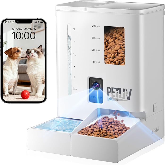 Distributeur Croquettes Chat Automatique - PETLIV avec 2 gamelles, capacité de 5 L, contrôle Via Application, Wi-FI 5 GHz/2.4 , Alimentation Double et Audio Bidirectionnel
