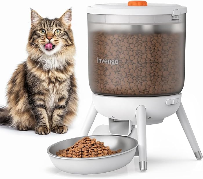 Invengo Automatic Cat Food Dispenser Programmable Dual Power Supply Insect Proof Design 3L Hopper - Kibble Dispenser for Cats and Small Dogs, White