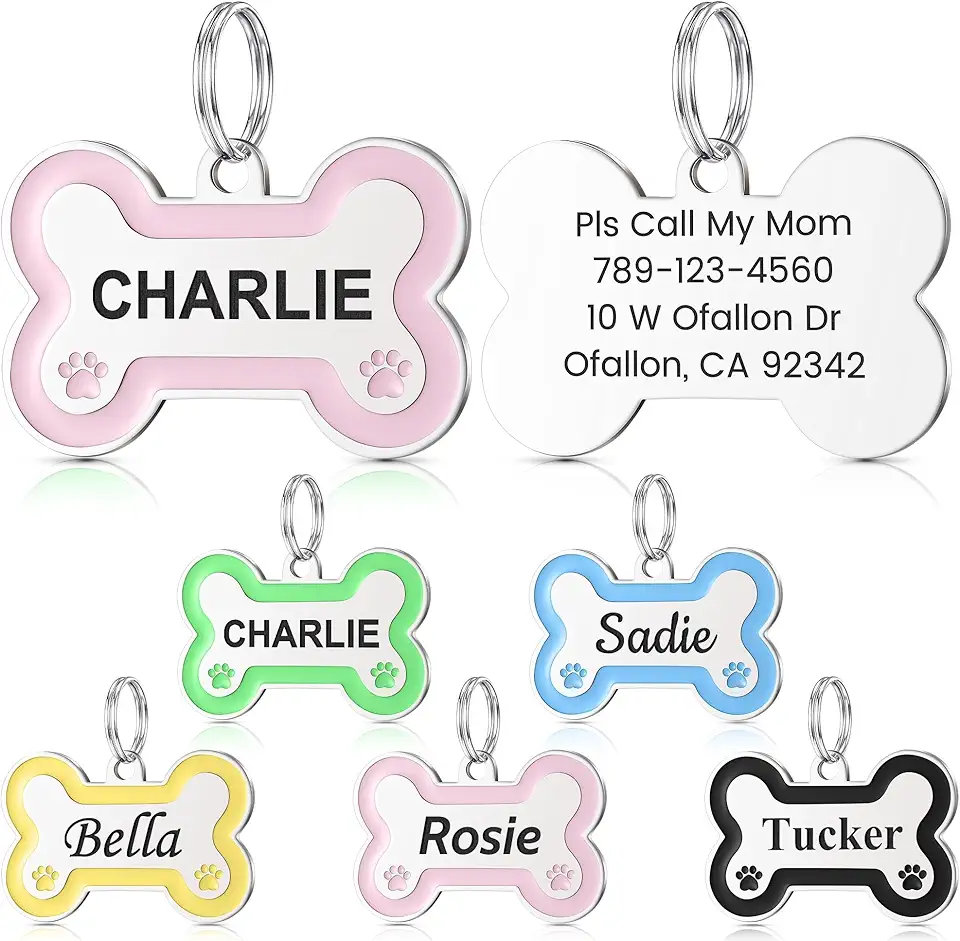 YEHANTI Dog Tag with Personalised Engraving – Engraved Dog Tag with Paw Print Stainless Steel Dog and Cat Tag with Engraved First Name Address (Pink)