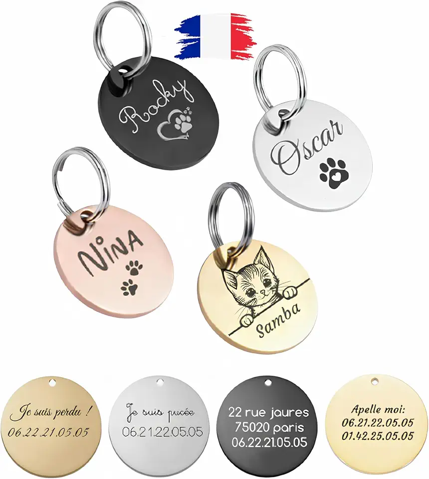 Personalised Engraved Dog and Cat Tag – Laser Engraving in France – Personalised Engraved Name Address Tag Stainless Steel