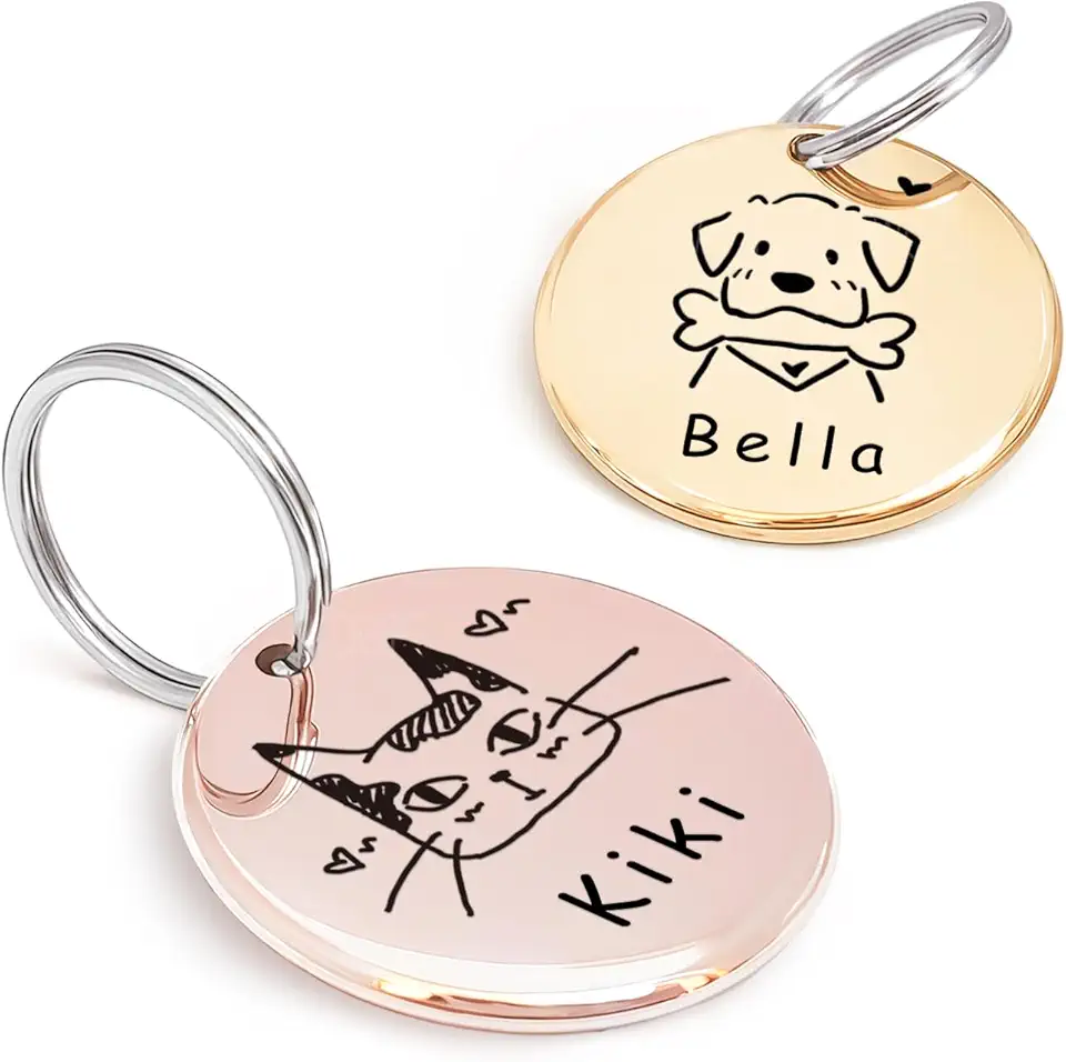 Original Portrait Design for Dog Cat Tag - Stainless Steel Dog Collar Accessories with Custom Deep Engraving (Round)
