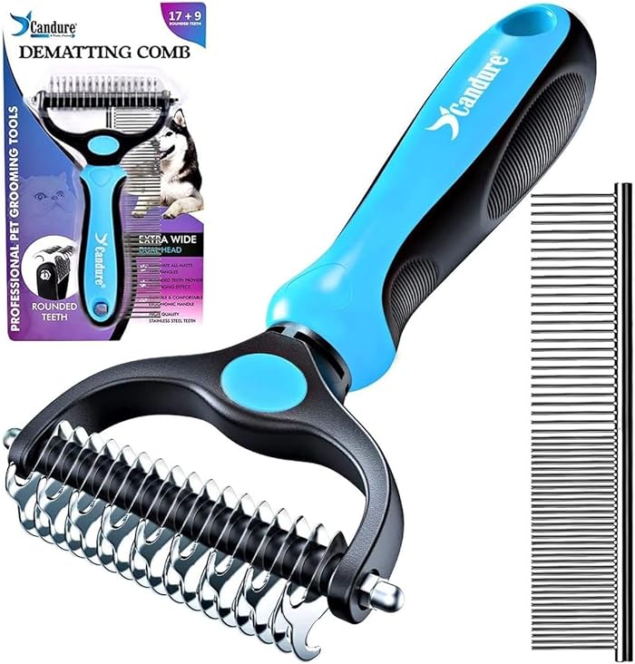 Candure Professional Dog and Cat Brush Long Hair Grooming Rake Double Sided Teeth 17+9 Removes Knots, Carpets and Tangled Hair (Azul)