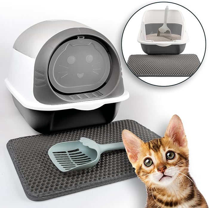 Grey Cat Litter Tray with Lid – with Mat & Scoop – Hygienic Closed Toilet for Cats – Odourless & Easy to Clean