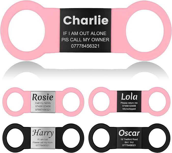 YEHANTI Dog Tag with Personalised Engraving – Silent Silicone Dog and Cat ID Tag Engraved Name Address Tel, No Dog Tag Engraved Jingle (M, Black-Pink)